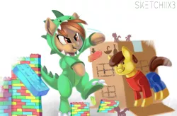 Size: 780x512 | Tagged: safe, artist:sketchiix3, derpibooru import, button mash, ponified, dinosaur, earth pony, pony, bipedal, building, buttonbetes, cardboard box, clothes, colt, costume, cute, footed sleeper, kigurumi, lego, male, simple background, solo, white background