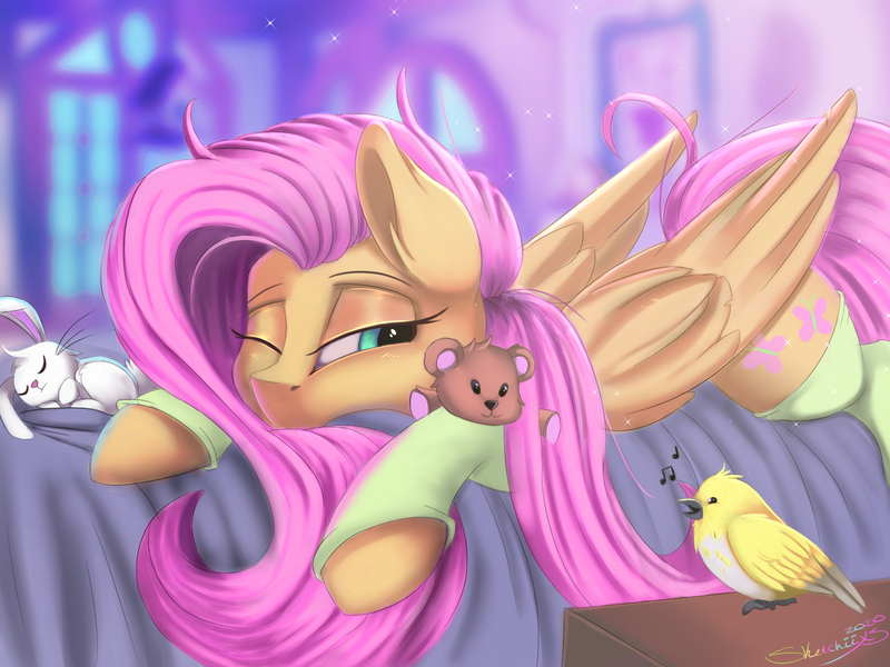 Size: 1600x1200 | Tagged: safe, artist:sketchiix3, derpibooru import, angel bunny, fluttershy, bird, pegasus, pony, angelbetes, bed, bed mane, bedside stand, clothes, cute, detached sleeves, duo, ear fluff, female, folded wings, indoors, lidded eyes, looking at someone, mare, morning ponies, music notes, on bed, one eye closed, prone, shyabetes, sleepy, socks, teddy bear, three quarter view, wings