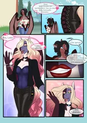 Size: 3472x4911 | Tagged: safe, artist:blackblood-queen, derpibooru import, oc, oc:brigadeiro drizzle, oc:dusk flame, oc:lady lovegreen, unofficial characters only, anthro, dracony, dragon, hybrid, pegasus, pony, unguligrade anthro, comic:be there, anthro oc, breasts, comic, crossdressing, dialogue, digital art, drag queen, fangs, female, leonine tail, lipstick, mare, pegasus oc, speech bubble, waving, wings