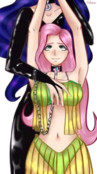 Size: 2600x4658 | Tagged: suggestive, artist:lidraw, derpibooru import, fluttershy, princess luna, bat pony, human, belly button, belly dancer, belly dancer outfit, bra, breasts, busty fluttershy, chained, chains, clothes, collar, cutie mark, female, femsub, flutterbat, fluttersub, humanized, jewelry, latex dress, lesbian, lunashy, necklace, race swap, shipping, skirt, slave, submissive, underwear