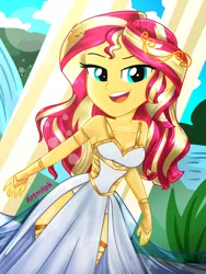 Size: 1800x2400 | Tagged: safe, artist:artmlpk, derpibooru import, sunset shimmer, equestria girls, adorable face, adorasexy, alternate hairstyle, armlet, bare chest, bare shoulders, beautiful, breasts, cleavage, clothes, crown, cute, design, dress, female, goddess, greek, greek goddess, jewelry, looking at you, ocean, open mouth, outfit, plant, regalia, sexy, shimmerbetes, sleeveless, smiley face, smiling, smiling at you, solo, sunflare, water, waterfall, watermark