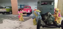 Size: 3264x1546 | Tagged: apple bloom, applejack, blind bag, cart, chevrolet impala, derpibooru import, derpy hooves, engine, everfree customs, garage, pinkie pie, rainbow dash, safe, toy, volkswagen beetle