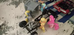Size: 3264x1546 | Tagged: applejack, artist needed, cart, chassis, derpibooru import, derpy hooves, engine, everfree customs, figurine, garage, i just don't know what went wrong, oops, photo, pinkie pie, pontiac gto, rainbow dash, safe, source needed