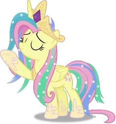 Size: 2886x3083 | Tagged: safe, artist:anime-equestria, derpibooru import, fluttershy, alicorn, pony, alicornified, alternate hairstyle, clothes, cosplay, costume, crown, eyes closed, fluttercorn, gem, happy, hoof shoes, horn, implied princess celestia, jewelry, race swap, regalia, shylestia, simple background, smiling, sparkles, transparent background, vector, wings