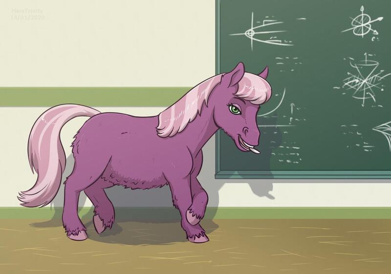 Size: 1280x897 | Tagged: safe, artist:haretrinity, derpibooru import, cheerilee, earth pony, pony, shetland pony, adult blank flank, chalk, chalkboard, female, headcanon in the description, hoers, mare, missing cutie mark, mouth hold, realistic, solo