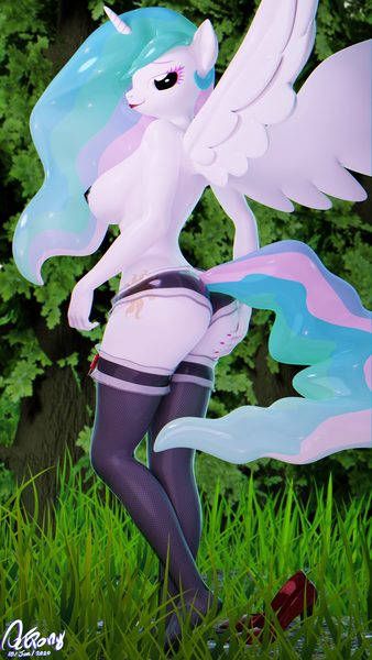 Size: 1080x1920 | Tagged: 3d, alicorn, alternate version, anthro, artist:quicktimepony, ass, blender, breasts, butt, clothes, derpibooru import, grass, high heels, lingerie, lipstick, looking back, outdoors, panties, princess celestia, questionable, shoes, sideboob, signature, socks, solo, stockings, thigh highs, underwear, wings