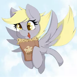 Size: 2048x2048 | Tagged: safe, artist:zokkili, derpibooru import, derpy hooves, pegasus, pony, cloud, cute, derpabetes, female, flying, food, high res, mare, muffin, open mouth, paper bag, sky, solo, spread wings, that pony sure does love muffins, wings