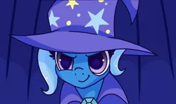 Size: 1280x759 | Tagged: safe, artist:plethxra, derpibooru import, trixie, pony, unicorn, boast busters, cape, clothes, hat, scene interpretation, smiling, smirk, solo, trixie's cape, trixie's hat