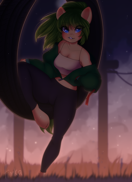 Size: 2915x4000 | Tagged: anthro, anthro oc, artist:timkaa, blue eyes, clothes, commission, derpibooru import, female, flowing hair, green hair, jacket, oc, oc:oasis, pants, relaxing, safe, unofficial characters only, ych result