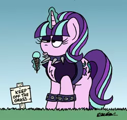 Size: 1024x966 | Tagged: safe, artist:bobthedalek, derpibooru import, starlight glimmer, pony, unicorn, belt, choker, clothes, edgelight glimmer, eyeshadow, female, food, fuck the police, ice cream, jacket, magic, makeup, mare, pure unfiltered evil, rule breaking, sign, spiked choker, teenage glimmer, telekinesis, tongue out