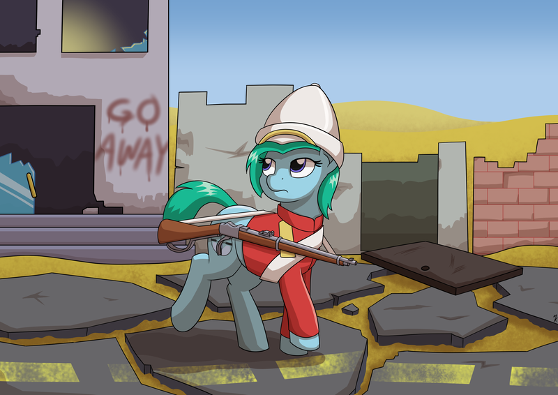 Size: 3508x2480 | Tagged: safe, artist:mkogwheel, derpibooru import, oc, oc:short chamber, earth pony, pony, british army, city, clothes, commission, desert, deserted, gun, martini henry, rifle, solo, uniform, weapon