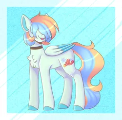 Size: 3102x3065 | Tagged: safe, artist:tuzz-arts, derpibooru import, oc, oc:cool ginger, unofficial characters only, pegasus, pony, blue background, chest fluff, choker, colored hooves, colored wings, femboy, hair over eyes, lipstick, male, multicolored hair, nonbinary, simple background, solo, tongue out, trap, wings