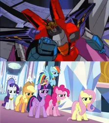 Size: 1920x2152 | Tagged: safe, derpibooru import, edit, edited screencap, screencap, applejack, fluttershy, pinkie pie, rainbow dash, rarity, twilight sparkle, twilight sparkle (alicorn), alicorn, earth pony, pegasus, pony, robot, unicorn, the beginning of the end, clash of hasbro's titans, coronation, crossover, element of generosity, element of honesty, element of kindness, element of laughter, element of loyalty, element of magic, elements of harmony, king starscream, mane six, starscream, the transformers: the movie, transformers, transformers generation 1