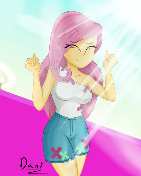 Size: 2800x3500 | Tagged: safe, artist:danielitamlp, derpibooru import, fluttershy, bat pony, equestria girls, equestria girls series, spoiler:eqg series (season 2), breasts, busty fluttershy, clothes, crepuscular rays, cute, eyes closed, female, flutterbat, high res, race swap, shorts, shyabetes, signature, smiling, solo