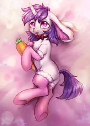 Size: 1852x2600 | Tagged: safe, artist:zefirka, derpibooru import, oc, oc:lapush buns, unofficial characters only, unicorn, abstract background, bowtie, bunny ears, bunnycorn, carrot, clothes, cute, food, male, socks, solo, stallion, tongue out, underhoof