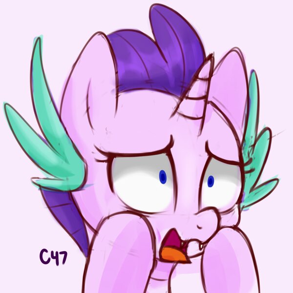 Size: 2000x2000 | Tagged: safe, artist:handgunboi, derpibooru import, starlight glimmer, dracony, dragon, hybrid, pony, unicorn, draconified, glimmerdragon, hooves, hooves on face, open mouth, shocked expression, shrunken pupils, simple background, species swap