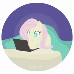 Size: 2000x2000 | Tagged: safe, artist:jalapenoflower, derpibooru import, fluttershy, pegasus, pony, atg 2020, bed, blanket, computer, female, high res, laptop computer, mare, newbie artist training grounds, prone, simple background, solo, white background