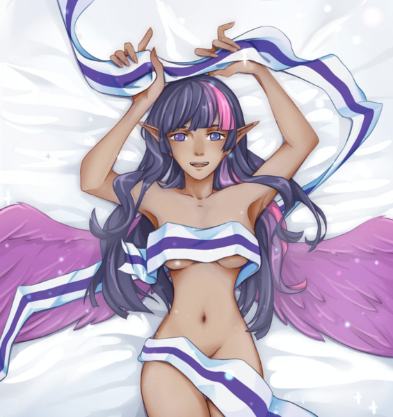 Size: 1920x2039 | Tagged: artist:raranfa, bed, breasts, derpibooru import, elf ears, female, human, humanized, implied lesbian, implied rarilight, implied rarity, implied shipping, looking at you, nudity, ribbon, solo, solo female, suggestive, twilight sparkle, underboob, winged humanization, wings