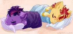 Size: 900x426 | Tagged: safe, artist:castaspellliana, derpibooru import, sunset shimmer, twilight sparkle, twilight sparkle (alicorn), alicorn, pony, abstract background, alicornified, alternate universe, baby, baby pony, babylight sparkle, babyset shimmer, blanket, curved horn, duo, eyes closed, female, filly, filly sunset shimmer, filly twilight sparkle, foal, horn, newborn, on back, pillow, prone, race swap, shimmercorn, sleeping, younger