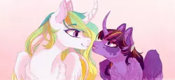 Size: 900x410 | Tagged: safe, artist:castaspellliana, derpibooru import, princess celestia, twilight sparkle, twilight sparkle (alicorn), alicorn, pony, alternate universe, chest fluff, curved horn, duo, ear fluff, ear piercing, earring, female, gradient background, headcanon, horn, jewelry, looking at each other, mare, mother and child, mother and daughter, open mouth, piercing, pink background, race swap, simple background, smiling, wings