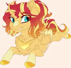 Size: 900x864 | Tagged: safe, artist:castaspellliana, derpibooru import, sunset shimmer, alicorn, pony, alicornified, alternate universe, chest fluff, curved horn, ear fluff, female, foal, horn, prone, race swap, shimmercorn, simple background, smiling, solo, wings, younger