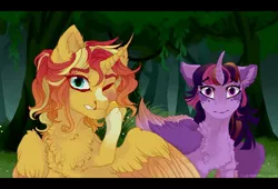 Size: 900x612 | Tagged: safe, artist:castaspellliana, derpibooru import, sunset shimmer, twilight sparkle, twilight sparkle (alicorn), alicorn, pony, alicornified, alternate universe, blood, bruised, chest fluff, curved horn, duo, female, forest, horn, implied princess celestia, mare, nosebleed, one eye closed, race swap, shimmercorn, shocked, siblings, sisters, wings, wink