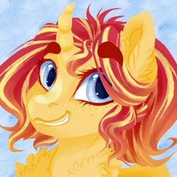 Size: 1000x1000 | Tagged: safe, artist:castaspellliana, derpibooru import, sunset shimmer, alicorn, pony, abstract background, animated, curved horn, eyebrow wiggle, eyebrows, female, grin, horn, smiling, solo, wings