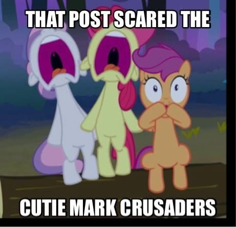 Size: 461x444 | Tagged: source needed, useless source url, safe, derpibooru import, edit, edited screencap, screencap, apple bloom, scootaloo, sweetie belle, earth pony, pegasus, pony, unicorn, sleepless in ponyville, caption, cropped, cutie mark crusaders, female, filly, image macro, nose in the air, scared, screaming, sitting, text