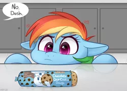 Size: 1500x1080 | Tagged: safe, artist:higgly-chan, derpibooru import, rainbow dash, pegasus, pony, angry, bust, cookie, cookie dough, counter, cross-popping veins, cute, dashabetes, dialogue, eyes on the prize, female, floppy ears, food, mare, offscreen character, pillsbury doughboy, solo, speech bubble, this will end in food poisoning, weapons-grade cute
