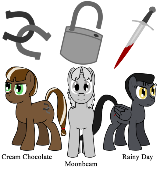 Size: 700x800 | Tagged: safe, derpibooru import, oc, oc:cream chocolate, oc:moonbeam, oc:rainy day, unofficial characters only, earth pony, pegasus, pony, unicorn, fanfic, fanfic:my little argonian family is sacred, cutie mark, fanfic art, female, horseshoes, knife, lock, male, mare, padlock, simple background, stallion, text, transparent background, vector