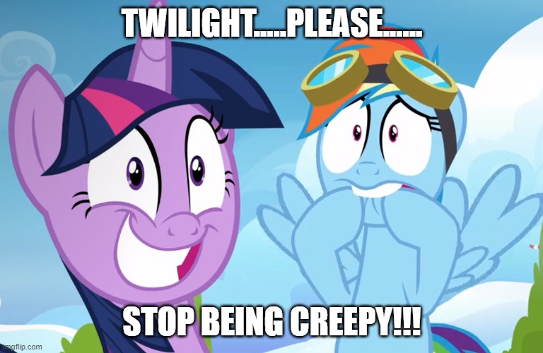 Size: 768x500 | Tagged: safe, derpibooru import, edit, edited screencap, screencap, rainbow dash, twilight sparkle, twilight sparkle (alicorn), alicorn, pegasus, pony, top bolt, adoracreepy, biting, caption, creepy, cute, female, goggles, grin, hoof biting, image macro, mare, meme, smiling, text