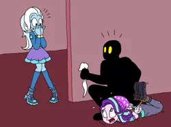 Size: 2004x1492 | Tagged: semi-grimdark, suggestive, artist:bugssonicx, derpibooru import, starlight glimmer, trixie, equestria girls, arm behind back, bondage, boots, bound wrists, caught, cloth gag, clothes, covering mouth, damsel in distress, gag, hogtied, jacket, kidnapped, looking at each other, open mouth, pants, screaming, shoes, skirt, struggling, surprised, tied up