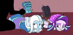 Size: 2150x1038 | Tagged: semi-grimdark, suggestive, artist:bugssonicx, derpibooru import, starlight glimmer, trixie, equestria girls, arm behind back, beanie, bondage, boots, bound and gagged, bound wrists, cleave gag, clothes, gag, hat, hogtied, kidnapped, looking at each other, offscreen character, shoes, skirt, struggling, tied up