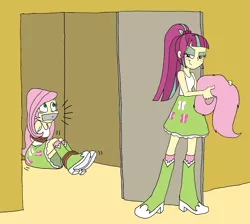 Size: 1503x1349 | Tagged: safe, artist:bugssonicx, derpibooru import, fluttershy, sour sweet, equestria girls, arm behind back, blouse, bondage, boots, bound and gagged, captured, clothes, damsel in distress, disguise, door, evil smirk, gag, impostor, kidnapped, looking at each other, scared, shoes, skirt, smiling, struggling, tape, tape gag, teary eyes, tied up, wig