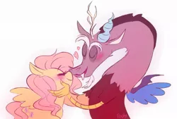 Size: 1024x694 | Tagged: safe, artist:poplyy, derpibooru import, discord, fluttershy, draconequus, pegasus, pony, blushing, boop, cute, discoshy, ear fluff, female, heart, male, mare, noseboop, open mouth, shipping, simple background, straight, white background