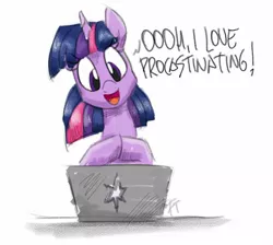 Size: 1676x1505 | Tagged: safe, artist:flutterthrash, derpibooru import, twilight sparkle, pony, unicorn, atg 2020, computer, dialogue, female, laptop computer, mare, newbie artist training grounds, open mouth, out of character, procrastination, simple background, solo, white background