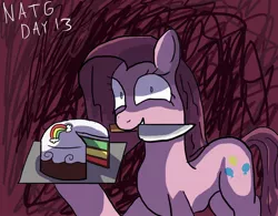 Size: 1280x996 | Tagged: artist:zeronixma, atg 2020, cake, derpibooru import, female, food, knife, mare, newbie artist training grounds, pinkamena diane pie, pinkie pie, rainbow cake, semi-grimdark, solo