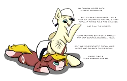 Size: 1957x1250 | Tagged: safe, artist:khaki-cap, derpibooru import, oc, oc:cannon de minor, oc:cannon deminor, oc:criss cross, unofficial characters only, earth pony, unicorn, ass, assisted exposure, butt, cutie mark, earth pony oc, faceful of ass, facesitting, horn, mocking, simple background, sitting on, sitting on head, sitting on pony, smug, students, text, transparent background, unicorn oc