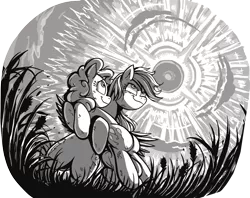 Size: 1336x1056 | Tagged: safe, artist:jowybean, derpibooru import, pinkie pie, rainbow dash, earth pony, pegasus, pony, fanfic:the immortal game, bipedal, duo, duo female, fanfic art, female, from below, grass, grayscale, holding a pony, looking up, mare, monochrome, smiling, smirk, sonic rainboom