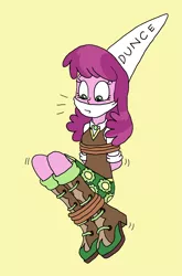 Size: 1194x1812 | Tagged: suggestive, artist:bugssonicx, derpibooru import, cheerilee, equestria girls, arm behind back, bondage, boots, bound and gagged, cloth gag, clothes, damsel in distress, dunce hat, gag, hat, shoes, simple background, skirt, struggling, tied up