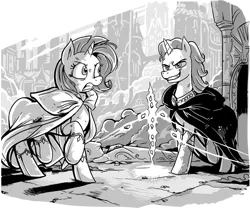 Size: 1288x1074 | Tagged: safe, artist:jowybean, derpibooru import, rarity, oc, oc:esteem, pony, unicorn, fanfic:the immortal game, armor, canterlot, clothes, duo, evil grin, fanfic art, female, grayscale, grin, magic, male, mare, messy mane, monochrome, raised hoof, robe, smiling, stallion, telekinesis