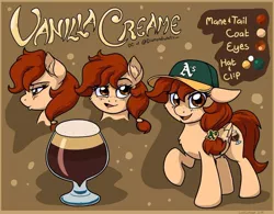 Size: 672x523 | Tagged: alcohol, artist:latecustomer, baseball cap, beer, cap, cute, derpibooru import, female, happy, hat, mare, oakland athletics, oc, oc:vanilla creame, reference sheet, safe, simple background, unofficial characters only