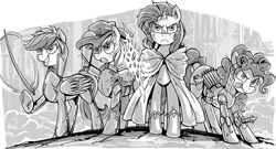 Size: 1338x720 | Tagged: safe, artist:jowybean, derpibooru import, applejack, pinkie pie, rainbow dash, rarity, earth pony, pegasus, pony, unicorn, fanfic:the immortal game, angry, applejack's hat, armor, clothes, cowboy hat, fanfic art, female, grayscale, grin, group, hat, magic, mare, messy mane, monochrome, raised hoof, robe, smiling, sword, telekinesis, tongue out, weapon