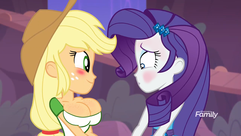 Size: 1366x768 | Tagged: suggestive, derpibooru import, edit, edited screencap, editor:usuarioregular2600, screencap, applejack, rarity, equestria girls, equestria girls series, rollercoaster of friendship, big breasts, blushing, boob freckles, breast edit, breasts, busty applejack, chest freckles, cleavage, couple, discovery family logo, female, freckles, lesbian, rarijack, shipping