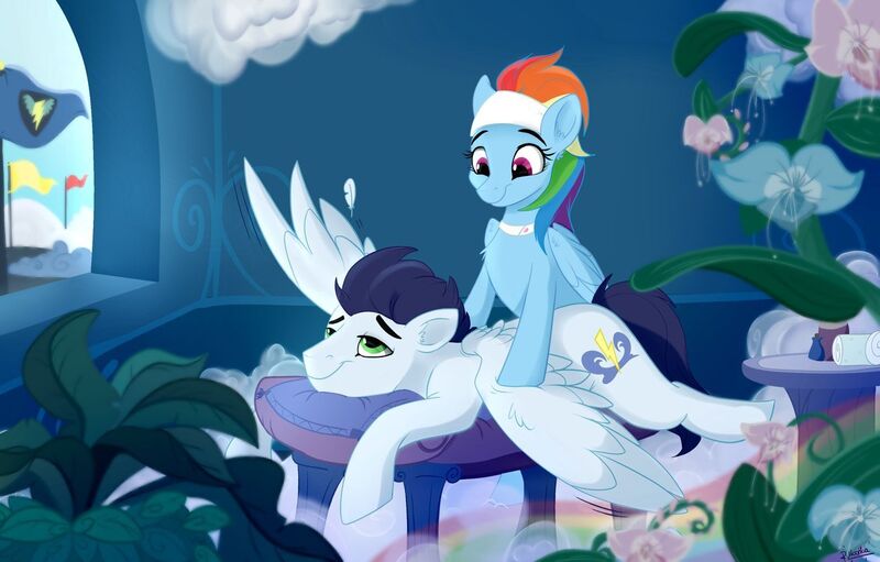 Size: 1280x818 | Tagged: safe, artist:rutkotka, derpibooru import, rainbow dash, soarin', pegasus, pony, deep tissue memories, spoiler:deep tissue memories, female, lying down, male, mare, massage, orchid, plants, prone, relaxed, shipping, smiling, soarindash, spa, spa pony, spa pony rainbow dash, stallion, straight, wing massage, wonderbolts, wonderbolts headquarters