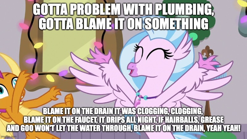 Size: 888x499 | Tagged: caption, classical hippogriff, cute, derpibooru import, diastreamies, dragon, dragoness, female, hippogriff, image macro, impact font, meme, safe, silverstream, smolder, song reference, spread arms, text, that hippogriff sure does love indoor plumbing, the hearth's warming club, the plumbing song, weird al yankovic