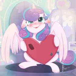 Size: 1080x1080 | Tagged: safe, artist:princessesmeraldaofficial, derpibooru import, princess flurry heart, alicorn, pony, blushing, chest fluff, cute, female, floppy ears, flurrybetes, heart, heart pillow, looking up, mare, older, older flurry heart, pillow, signature, smiling, solo, weapons-grade cute