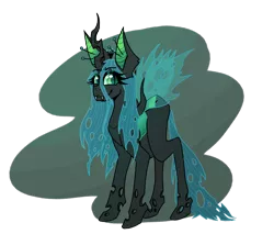 Size: 1000x850 | Tagged: artist:uwus, changeling, changeling horn, changeling wings, derpibooru import, fangs, glowing ears, holes, horn, queen chrysalis, safe, simple background, smiling, solo, tattered, tattered wings, transparent background, wings