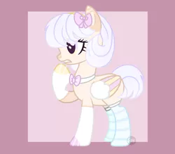 Size: 2300x2018 | Tagged: safe, artist:lazuli, derpibooru import, oc, unofficial characters only, pegasus, pony, abstract background, bow, bowtie, clothes, eyelashes, female, frown, hair bow, mare, pegasus oc, raised hoof, socks, solo, striped socks, wings