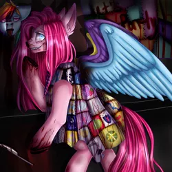 Size: 3000x3000 | Tagged: grimdark, artist:youmisama13, derpibooru import, pinkie pie, rainbow dash, earth pony, pegasus, pony, fanfic:cupcakes, blood, cutie mark dress, dead, duo, female, insanity, knife, mare, mounted head, pinkamena diane pie, smiling, snuff, tongue out, trophy, wings